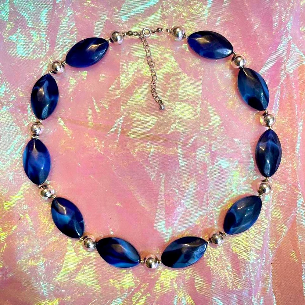 Beaded Blue + Silver Tone Collar Necklace